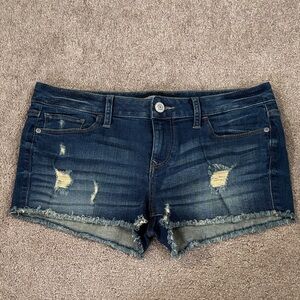 Women’s Dark Blue Distressed Jean Shorts with Frayed Hem